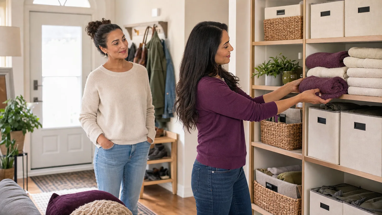 Illustration of a professional organizer creating a practical storage system