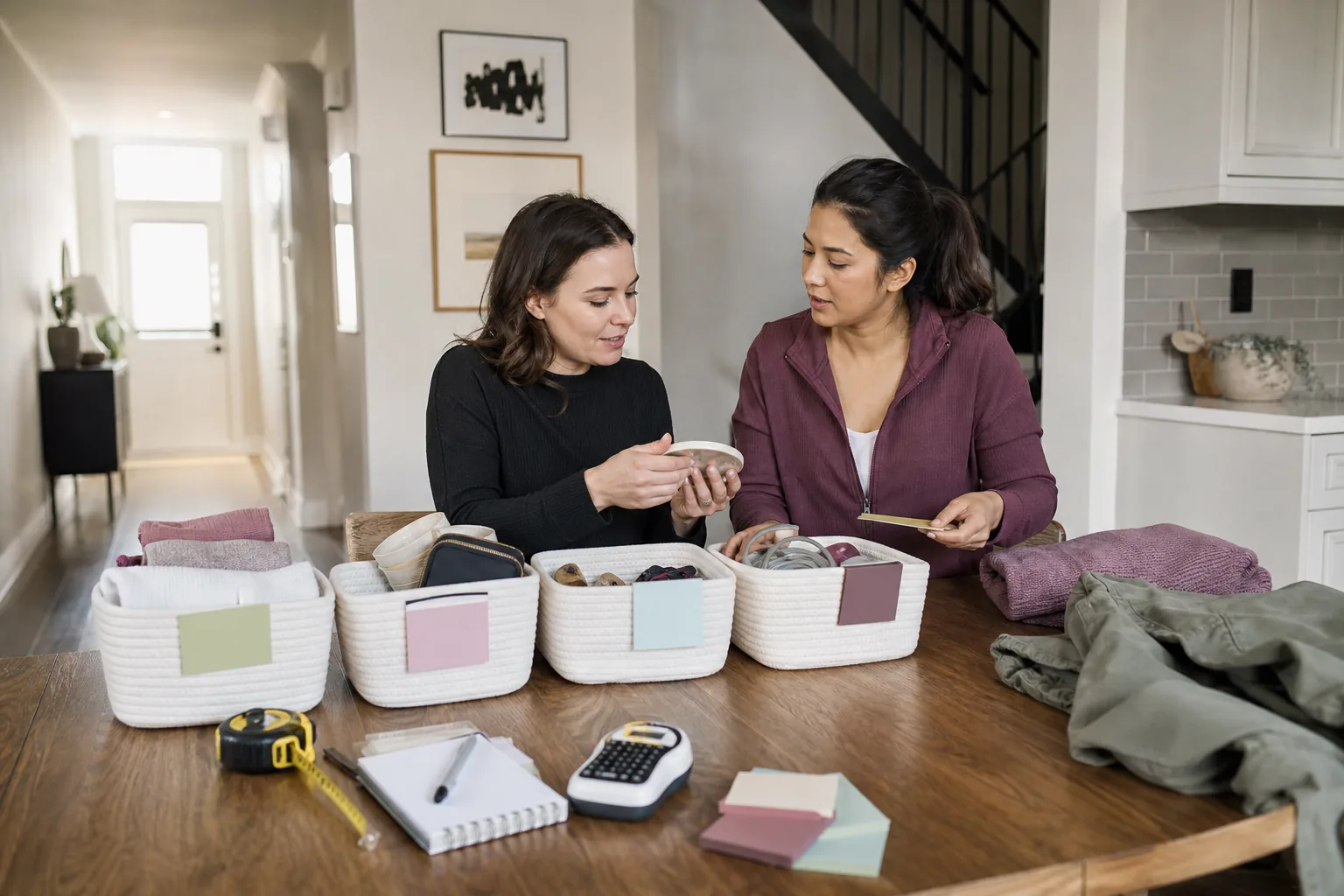 Illustration of an organizer and homeowner sorting household items together