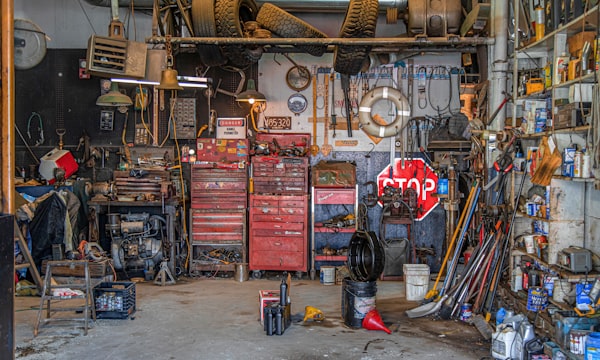 Clean organized garage with wall-mounted tools